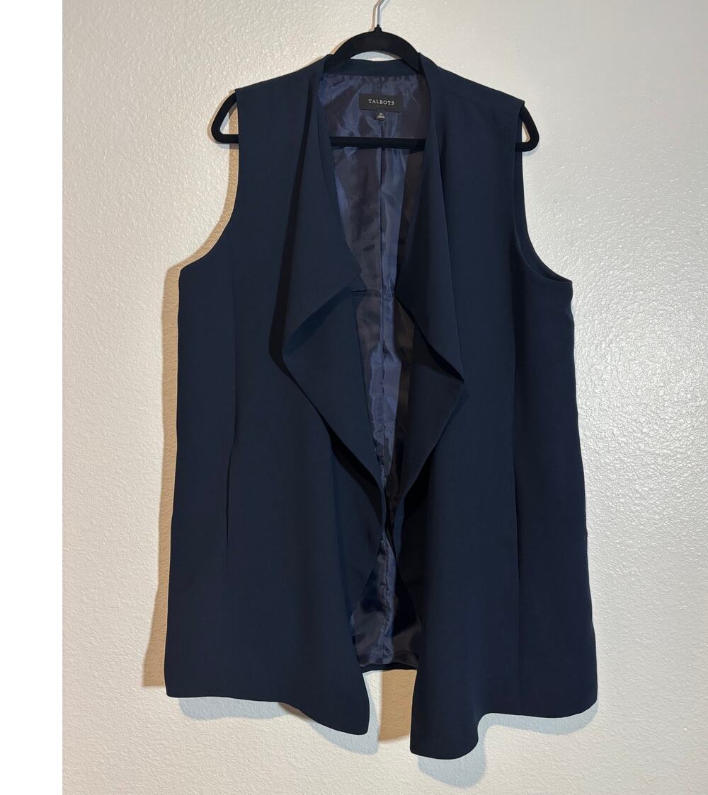 Talbots Size XL Navy Blue Sleeveless Open Front Draped Vest Career Layering
